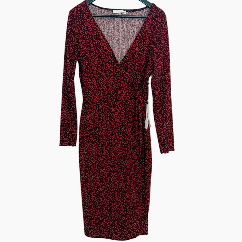 June & Hudson Red Black Leopard Long Sleeve Wrap Midi Dress M 8/10